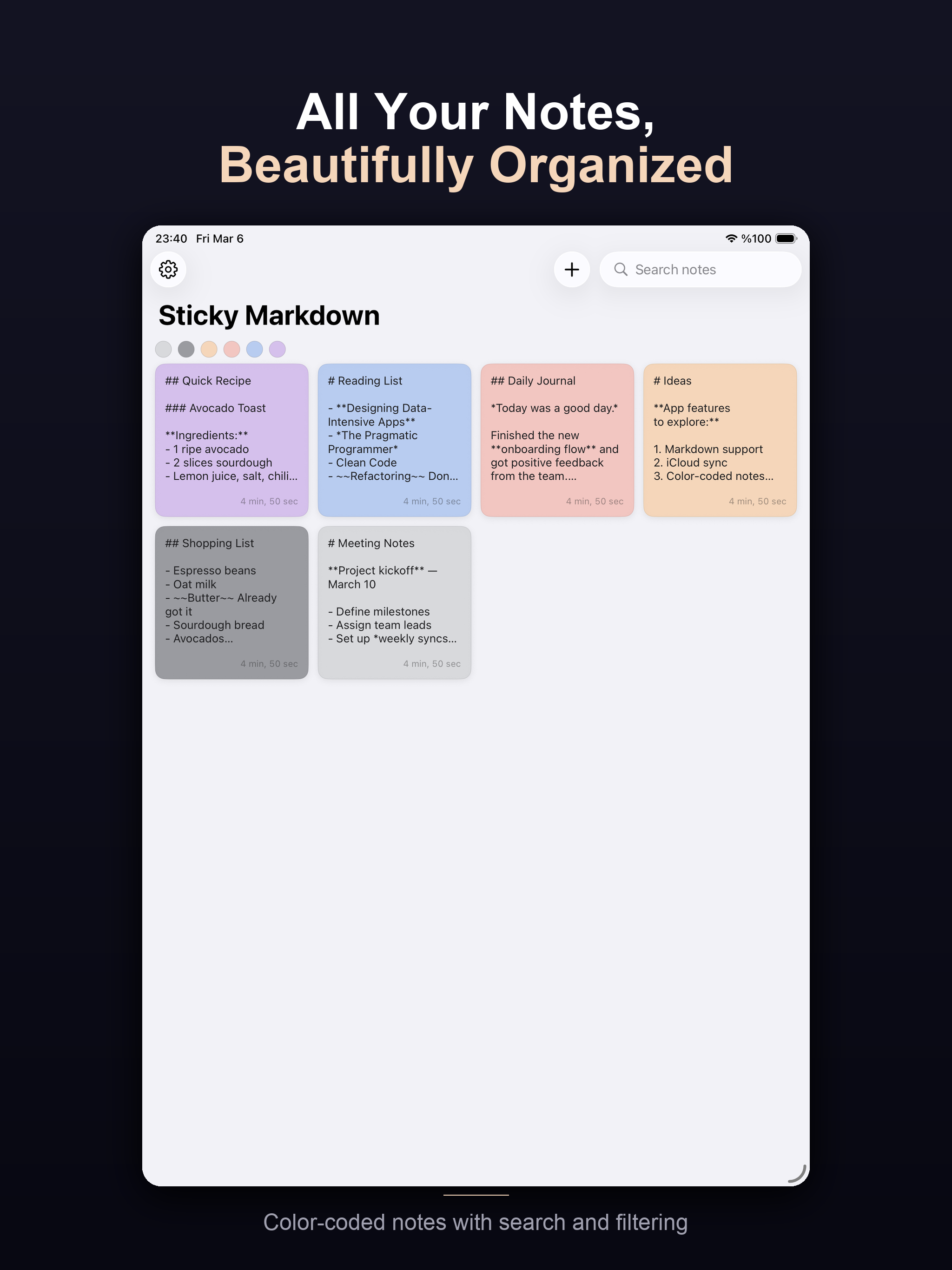 Pane on iPad — note grid view